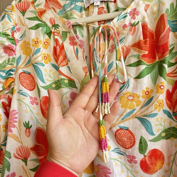 C&C California Linen Blend Floral Peasant Blouse Boho Puff Sleeve Top Sz M - Picture 3 of 7